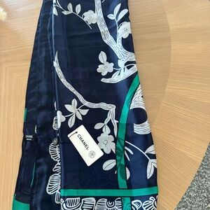 Authentic CHANEL Dark Blue and Emerald Patterned Scarf